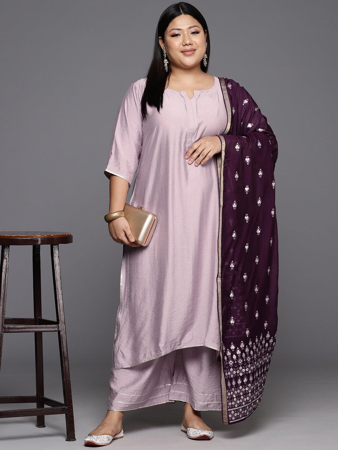 Mauve Solid Silk Blend Straight Kurta With Palazzos & Dupatta - Jashvi