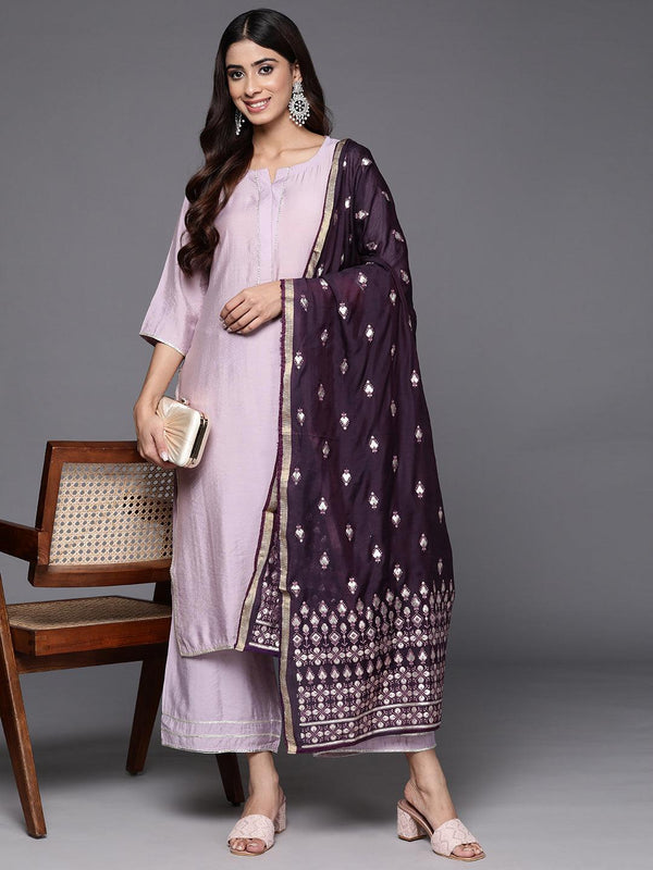 Mauve Solid Silk Blend Straight Kurta With Palazzos & Dupatta - Jashvi