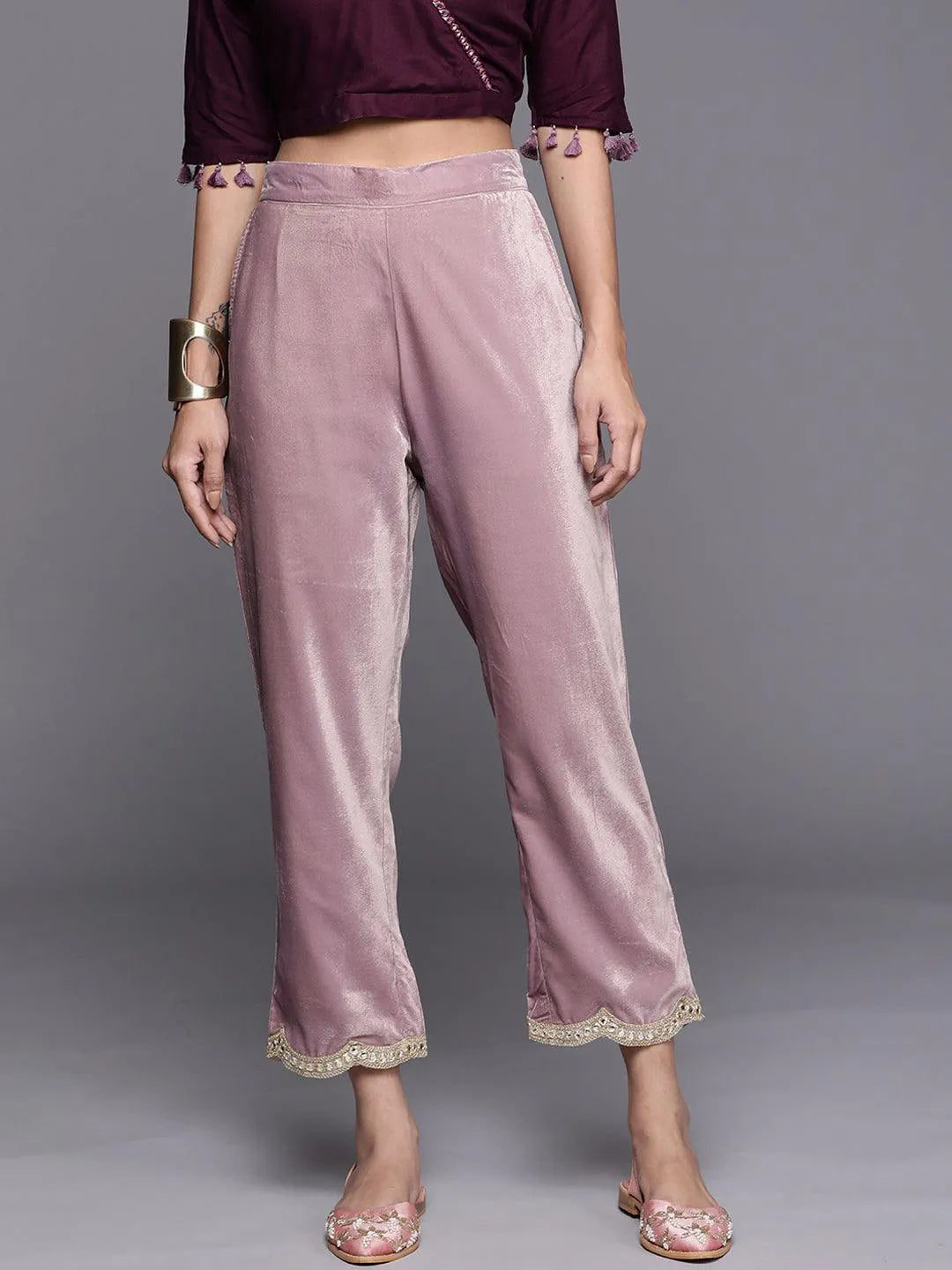 Mauve Solid Velvet Trousers - Jashvi