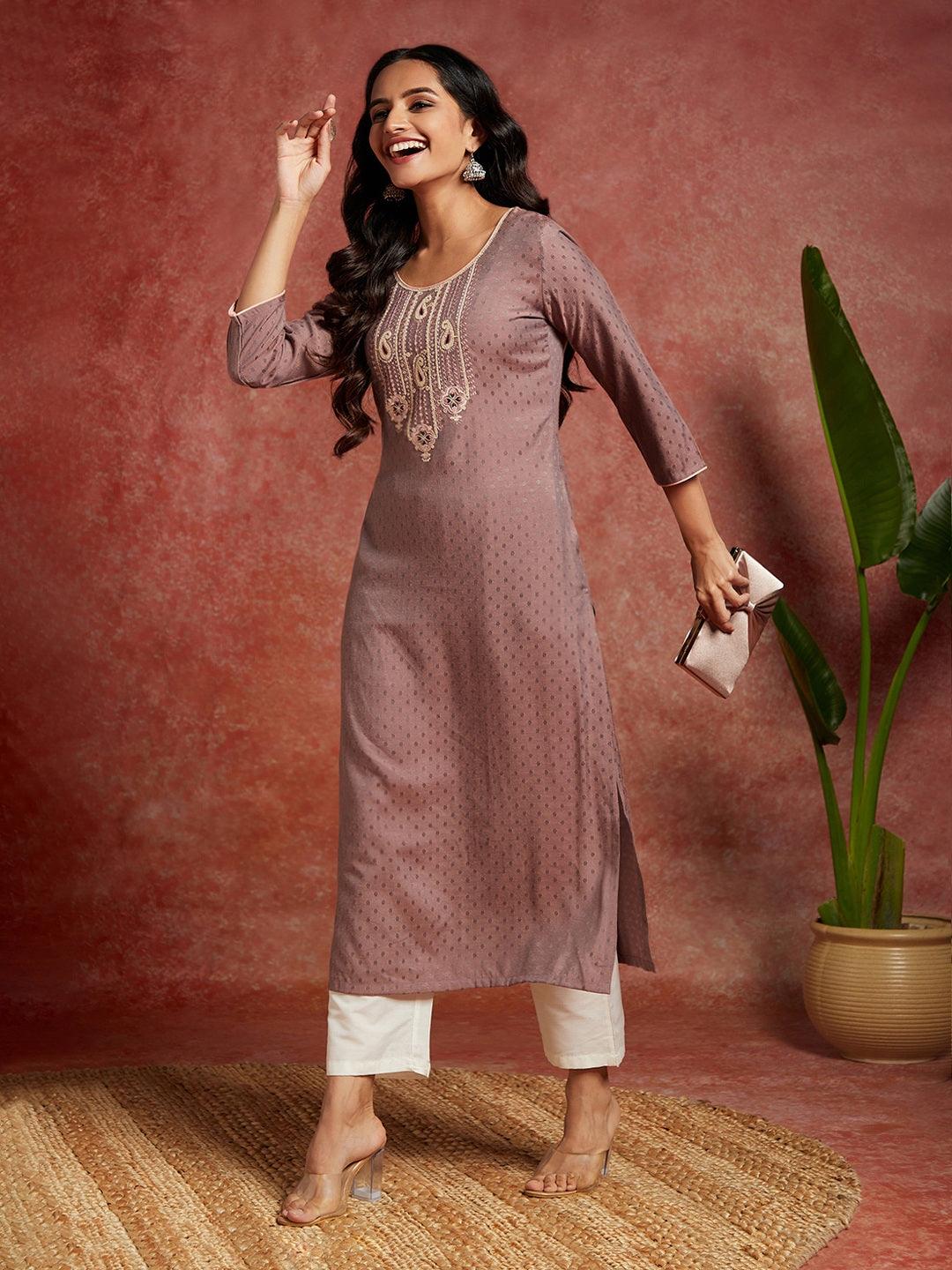 Mauve Woven Design Rayon Straight Kurta - Jashvi