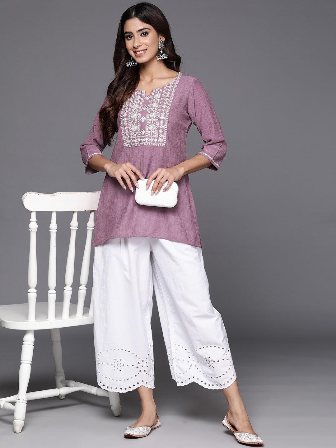 Mauve Yoke Design Cotton Blend Straight Kurti - Jashvi