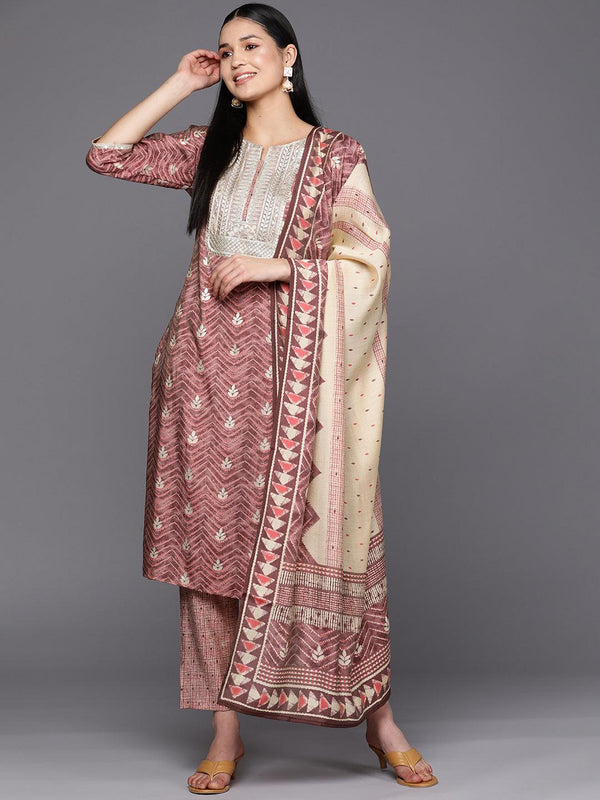 Mauve Yoke Design Silk Blend Straight Suit Set With Trousers - Jashvi