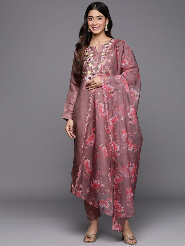 Mauve Yoke Design Silk Blend Straight Suit Set With Trousers - Jashvi