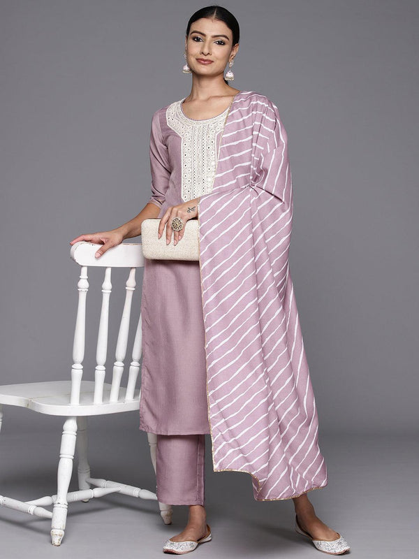 Mauve Yoke Design Silk Blend Straight Kurta With Trousers & Dupatta - Jashvi