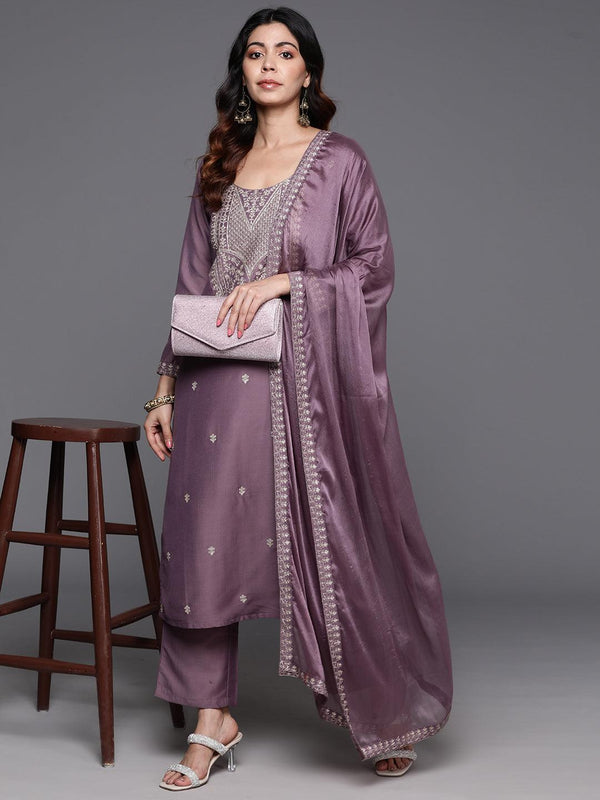 Mauve Yoke Design Silk Blend Straight Suit With Dupatta