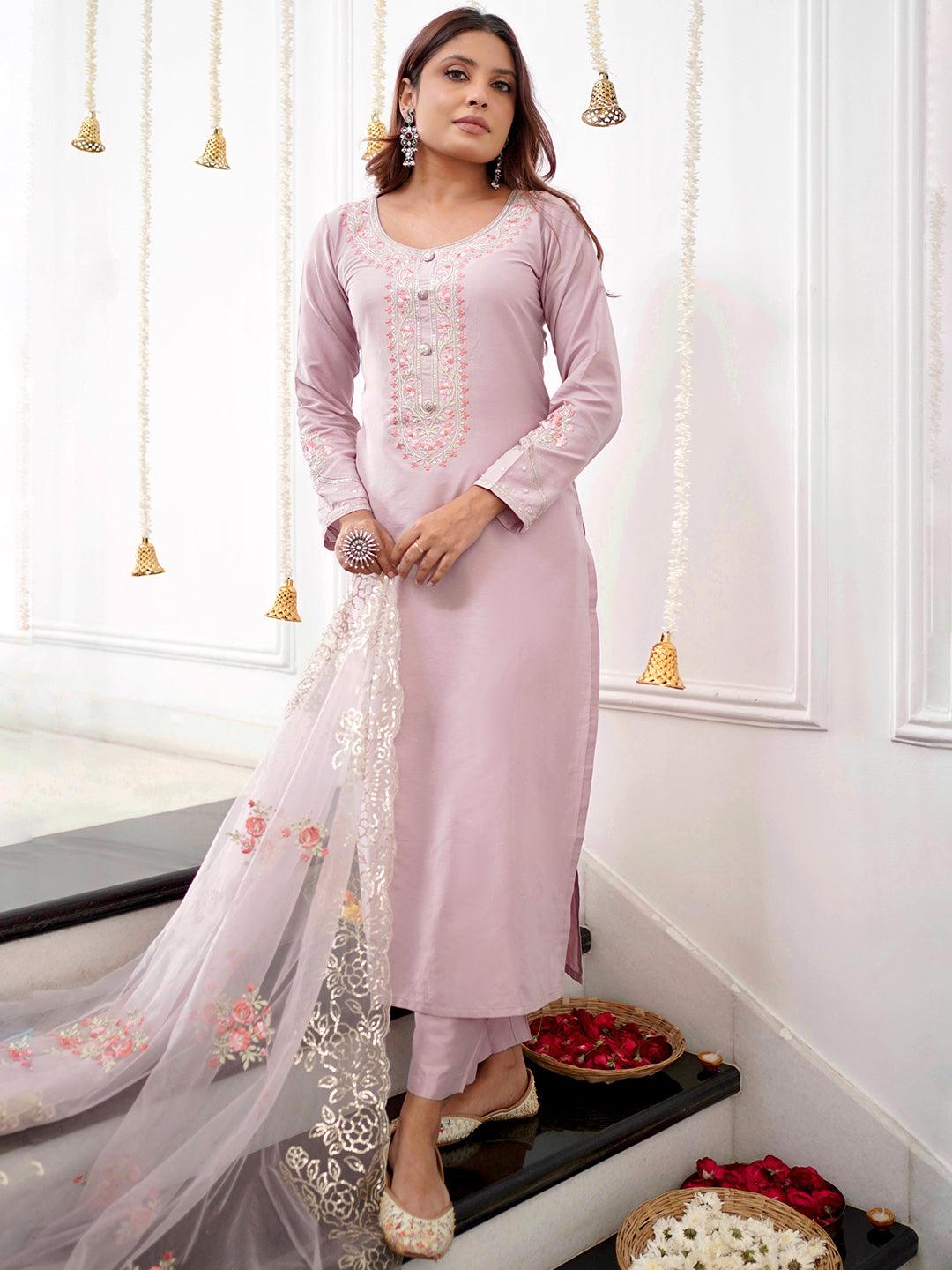 Mauve Yoke Design Silk Blend Straight Kurta With Trousers & Dupatta - Jashvi