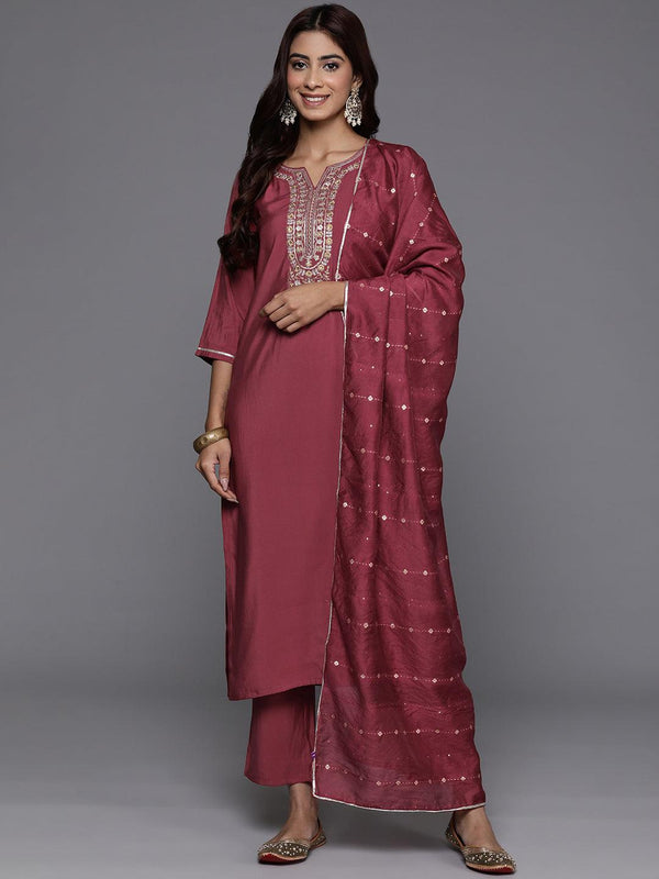 Mauve Yoke Design Silk Blend Straight Kurta With Trousers & Dupatta - Jashvi