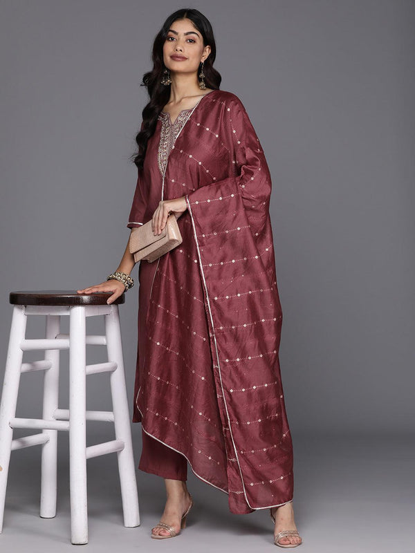 Mauve Yoke Design Silk Blend Straight Kurta With Trousers & Dupatta - Jashvi