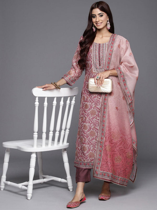 Mauve Yoke Design Silk Blend Straight Kurta With Trousers & Dupatta - Jashvi