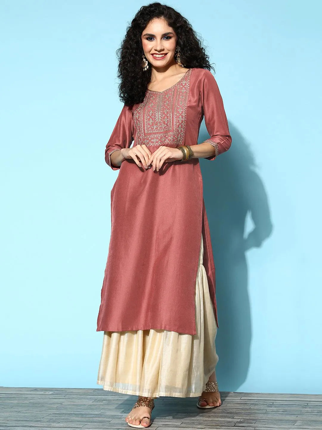 Mauve Yoke Design Silk Straight Kurta - Jashvi