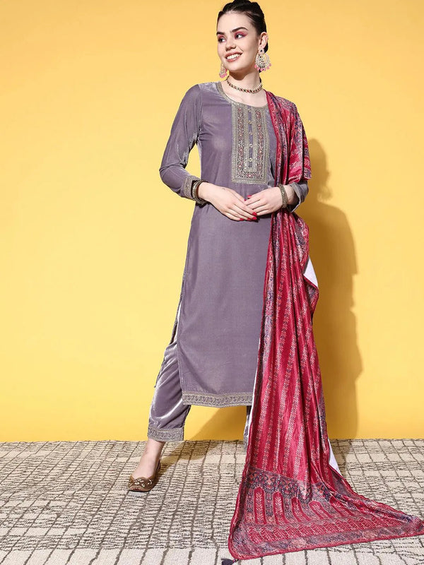 Mauve Yoke Design Velvet Straight Suit Set - Jashvi