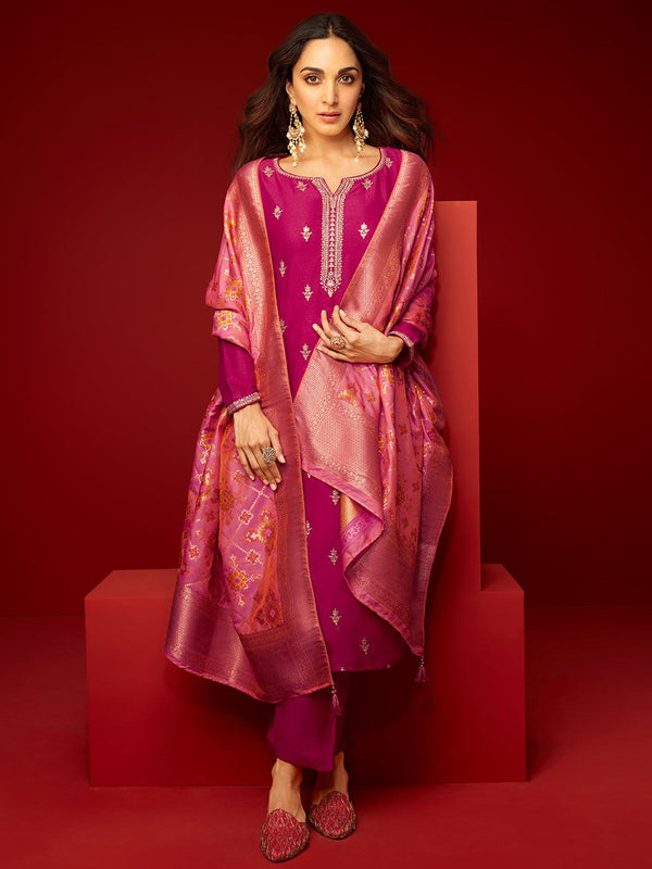 Pink Embroidered Silk Blend Straight Suit With Dupatta - Jashvi