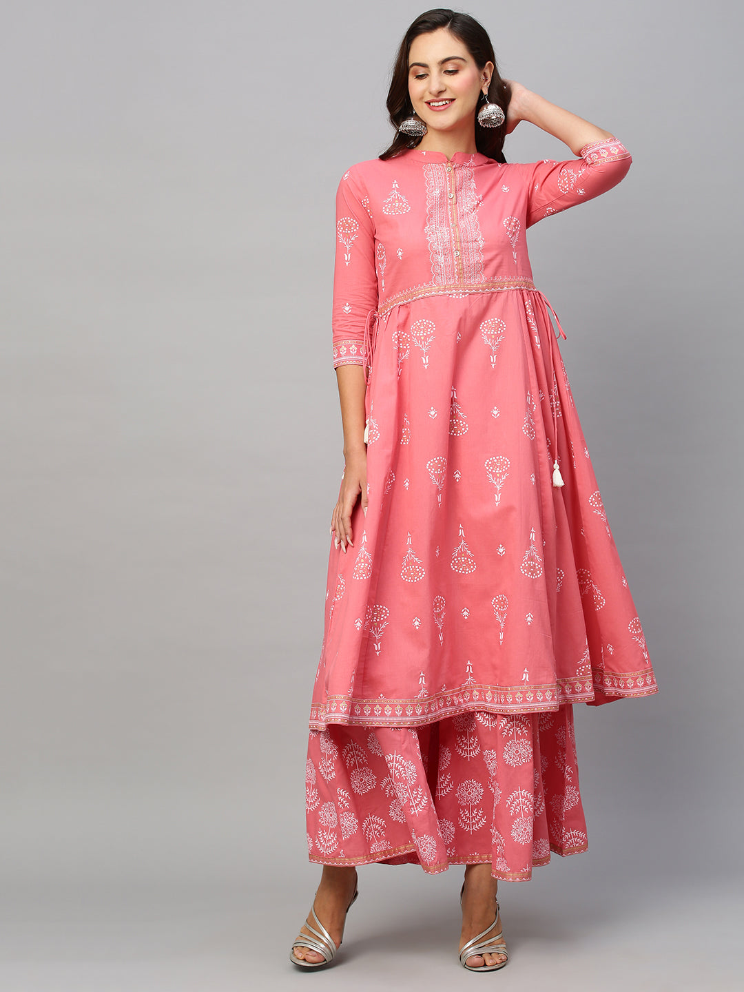 Women's Pink & White Pure Cotton Floral Khari Print Anarkali Kurta With Palazzos - Navyaa