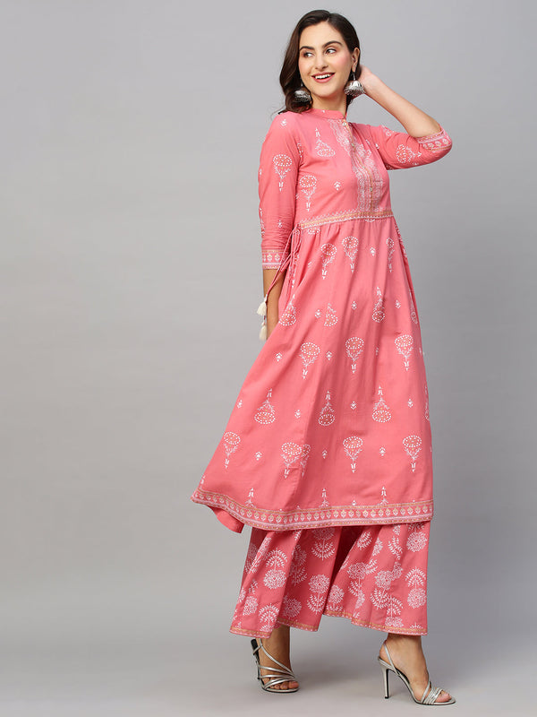 Women's Pink & White Pure Cotton Floral Khari Print Anarkali Kurta With Palazzos - Navyaa