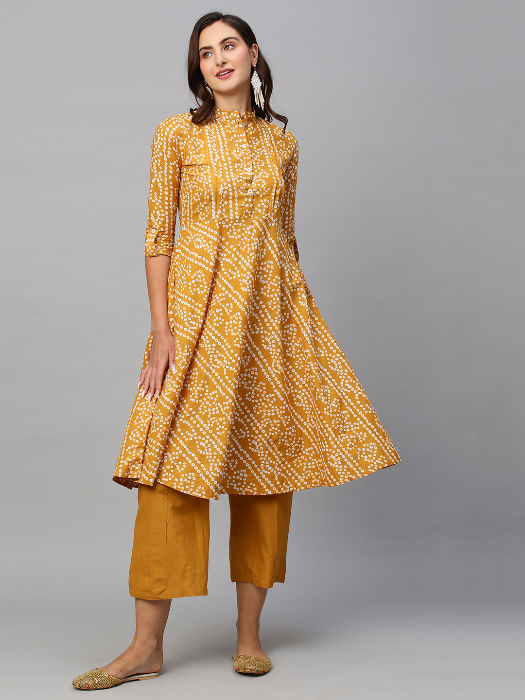 Women's Mustard Pure Cotton Bandhani Anarkali Kurta With Palazzos - Navyaa