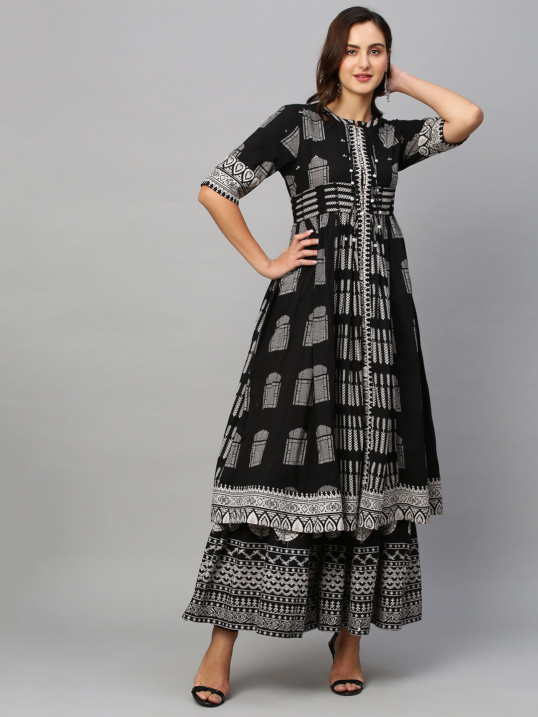 Women's Black & White Pure Cotton Printed Kurta With Palazzos - Navyaa