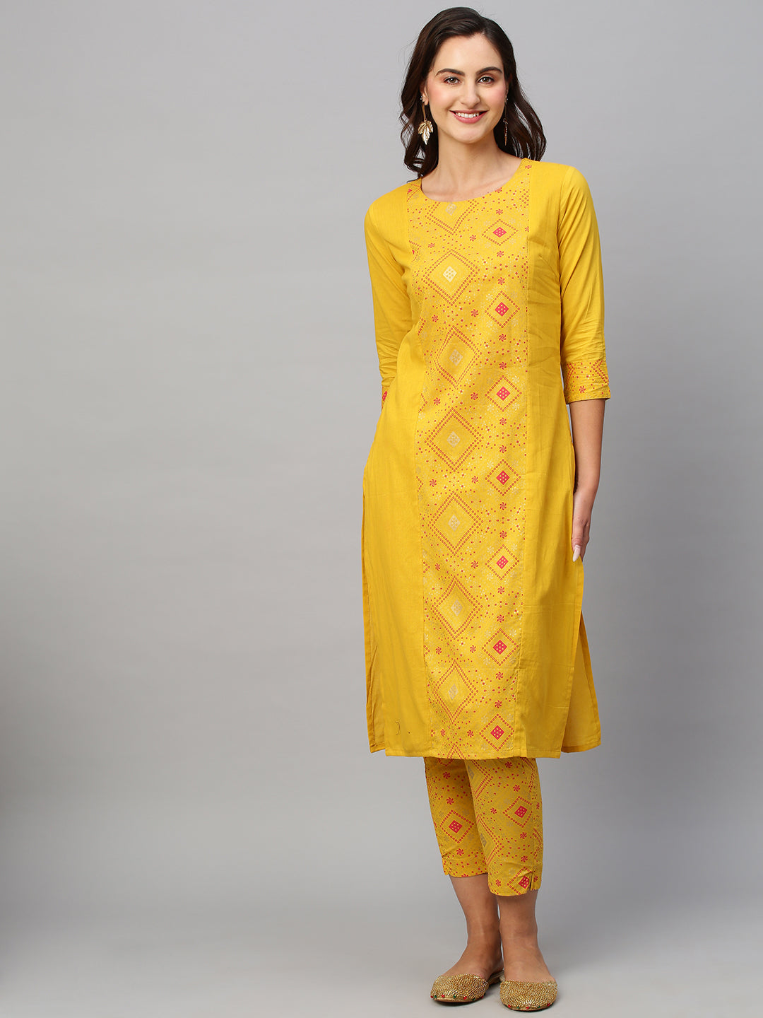 Women's Yellow Pure Cotton Bandhani Printed Kurta With Trousers - Navyaa