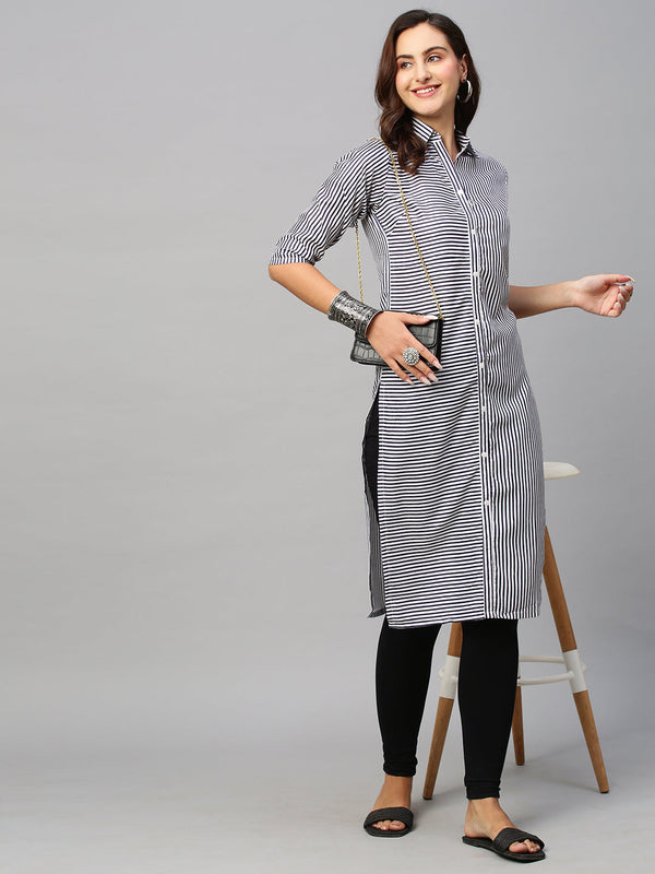 Women's Black & White Cotton Stripe Printed Kurta - Navyaa