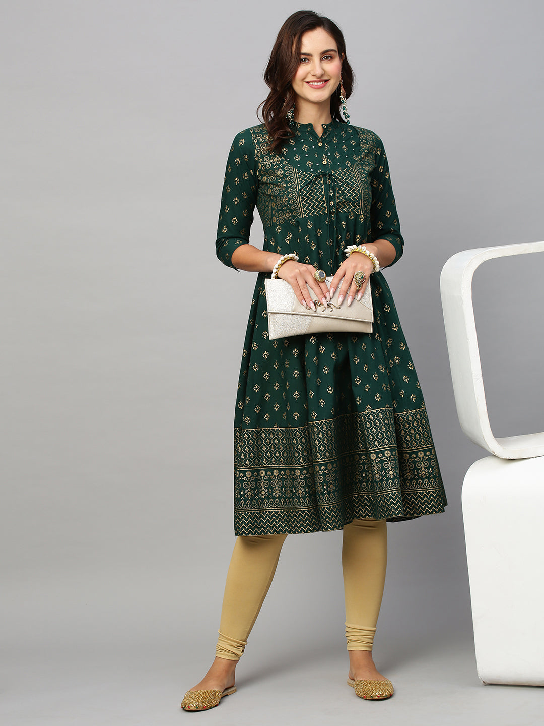 Women's Green Cotton Foil Printed Anarkali Kurta - Navyaa