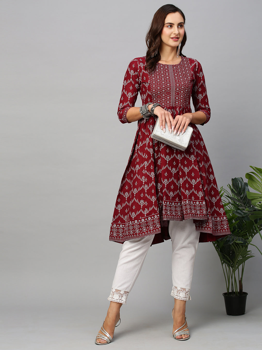 Women's Maroon Cotton Ethnic Motifs Anarkali Kurta - Navyaa