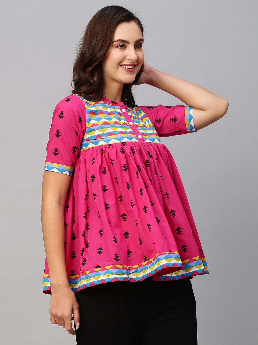 Women's Pink & Black Pure Cotton Printed A-Line Top - Navyaa