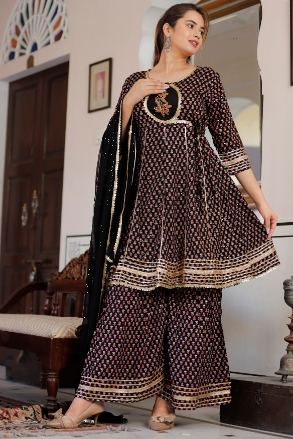 Women's Black Flared Kurta With Sharara And Dupatta - SINGNI