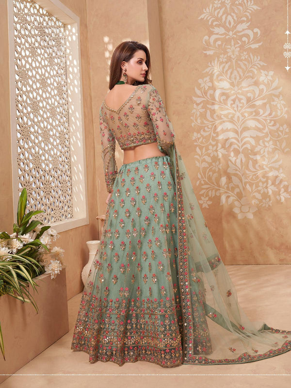 Women's Mint Green Color Net Base Heavy Designer Lehenga - Odette