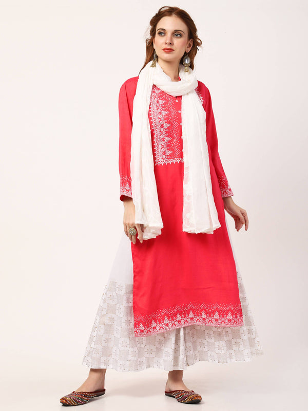 Women's Carrot Pink & White Rayon Cotton Kurta With Palazzo & Embroidered Dupatta Set - Cheera