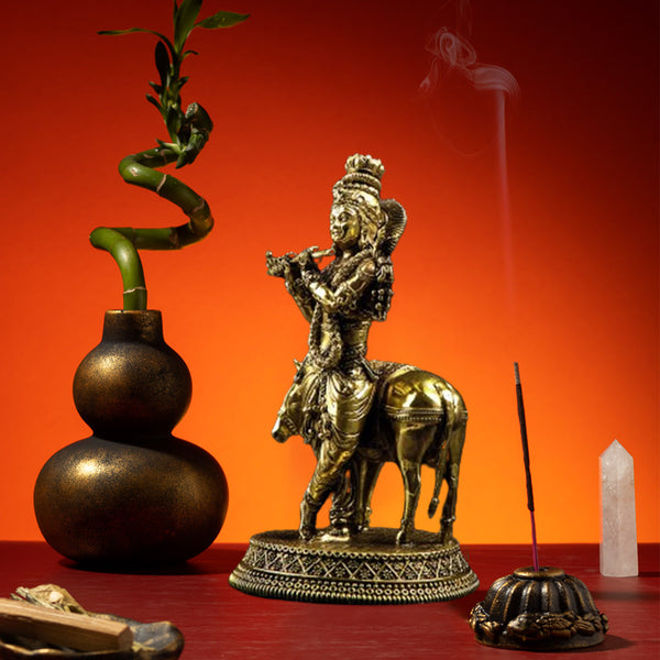 Shri Krishna with Calf Statue | Brass (7 Inch)- By Indiakreations - By Indiakreations