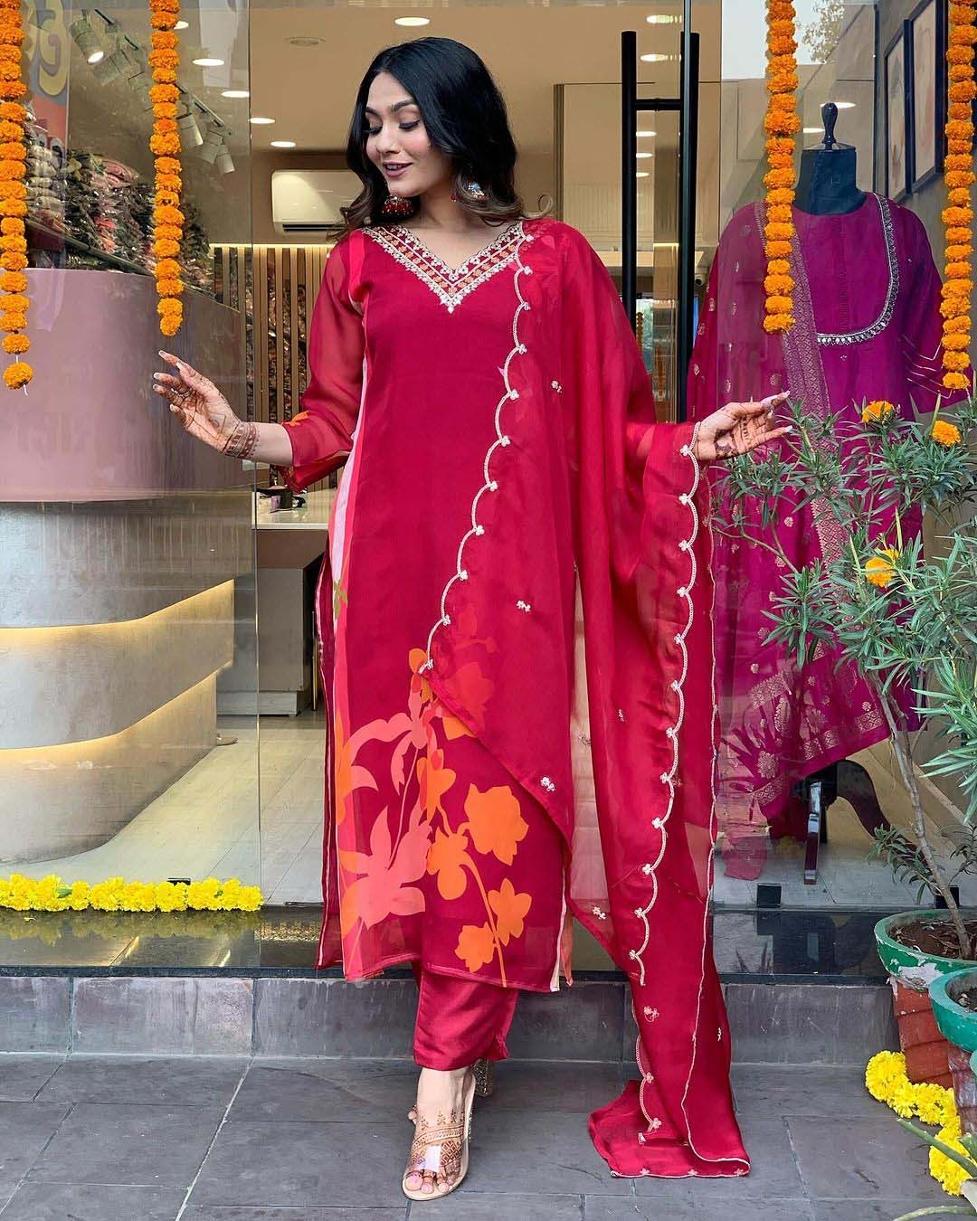 Women's Red Kora Muslin Print With Embroidery Lace Kurta Set - Manohara