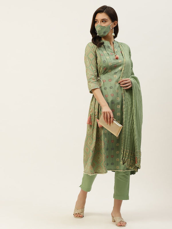 Women's Cotton Flex Printed A-Line Kurta Pant Dupatta Set - Juniper