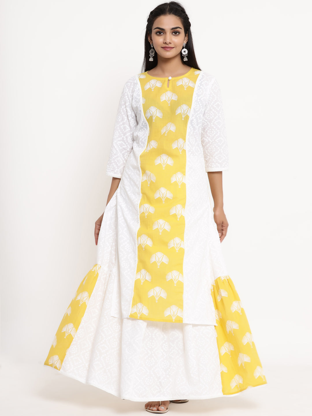 Women's Yellow Floral Printed Pure Cotton Kurta With Skirt - Miravan