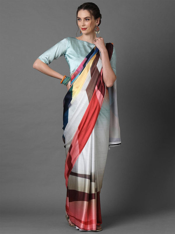 Women's Multi Casual Crepe Printed Saree With Unstitched Blouse - Odette