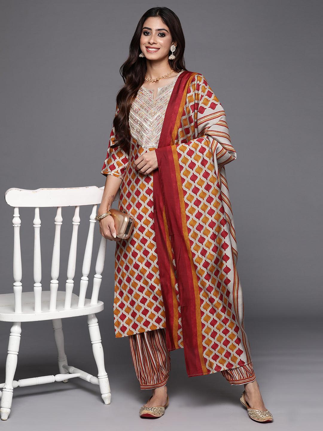 Multi Printed Silk Blend Straight Kurta With Salwar & Dupatta - Jashvi