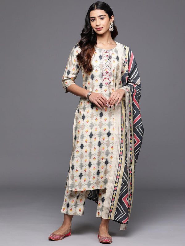 Multi Printed Silk Blend Straight Kurta With Trousers & Dupatta - Jashvi