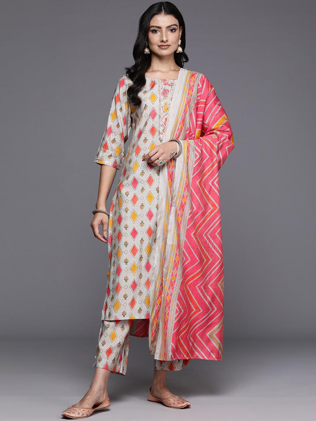 Multi Printed Silk Blend Straight Kurta With Trousers & Dupatta - Jashvi