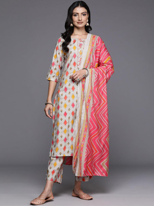 Multi Printed Silk Blend Straight Kurta With Trousers & Dupatta - Jashvi