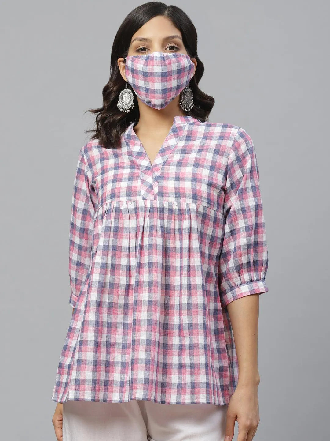 Multicoloured Checkered Cotton Kurti With Mask - Jashvi