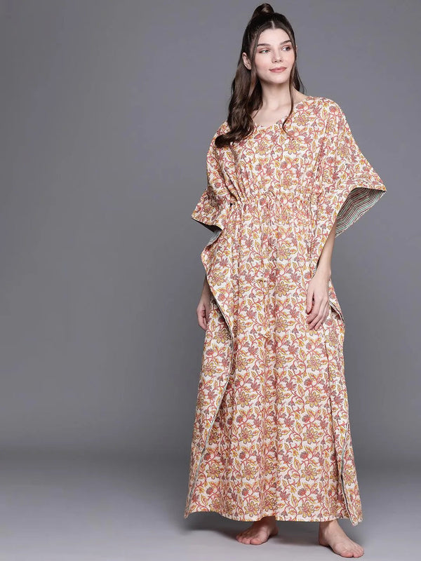 Multicoloured Cotton Printed Kaftan Nightdress - Jashvi