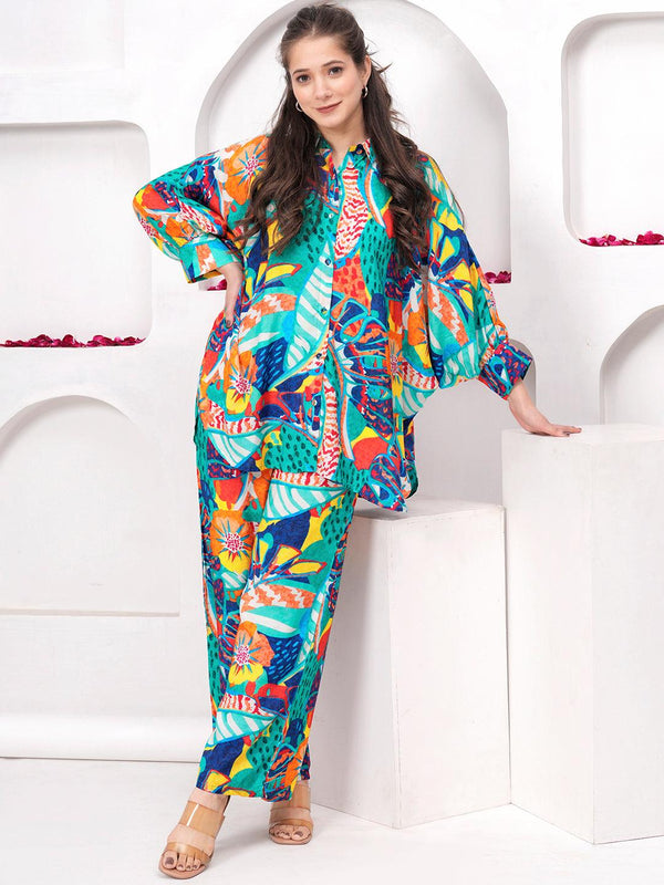 Multicoloured Printed Cotton Blend Shirt With Palazzos - Jashvi