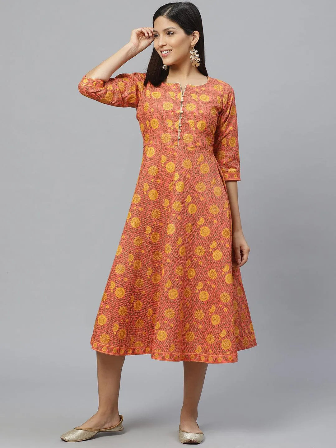 Multicoloured Printed Cotton Dress With Mask - Jashvi