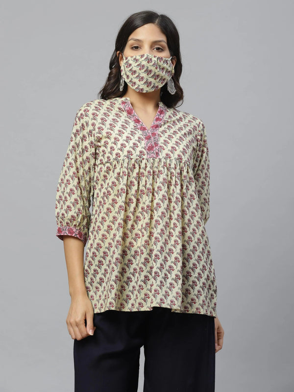 Multicoloured Printed Cotton Kurti With Mask - Jashvi