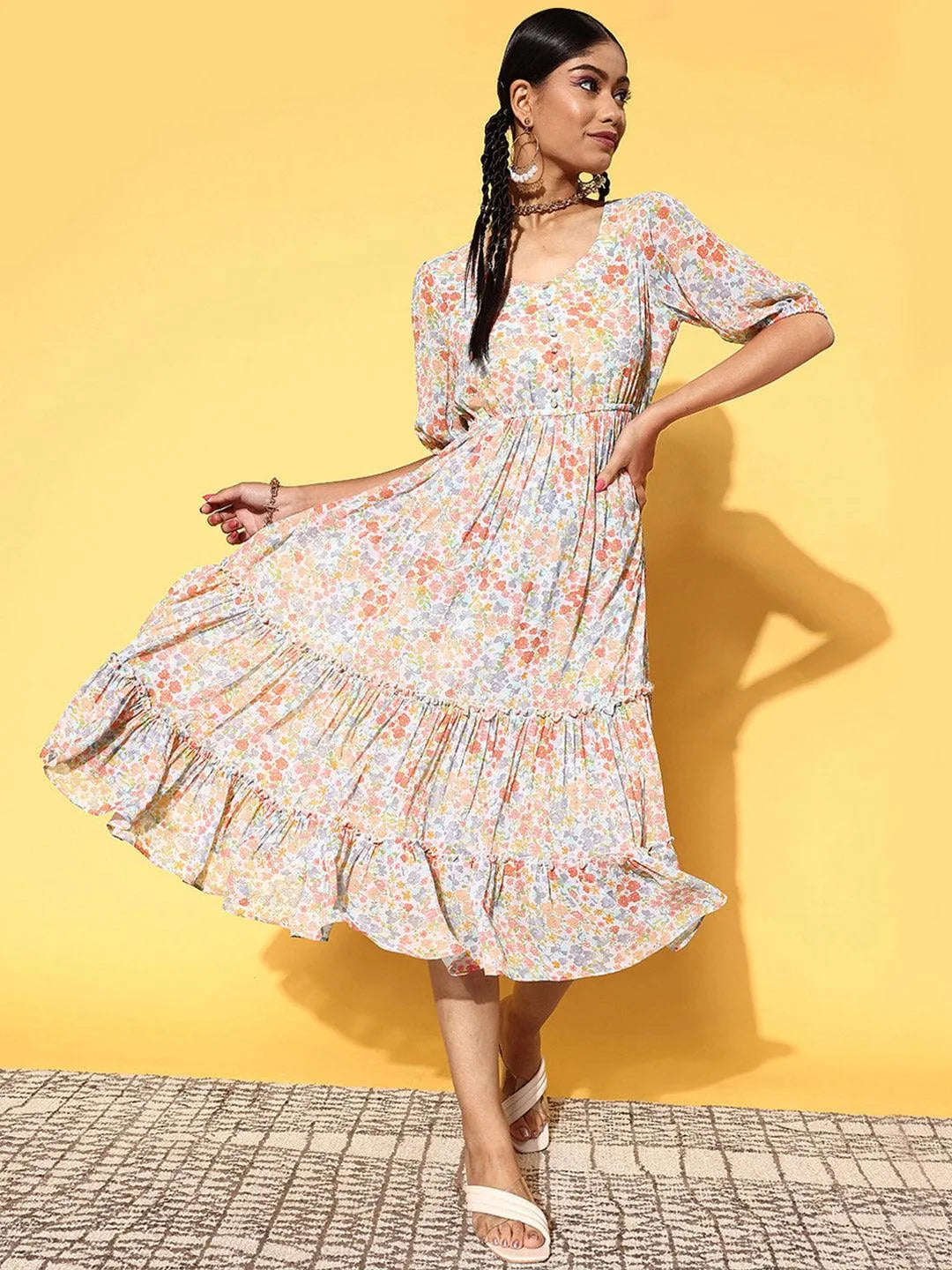 Multicoloured Printed Georgette A-Line Dress - Jashvi