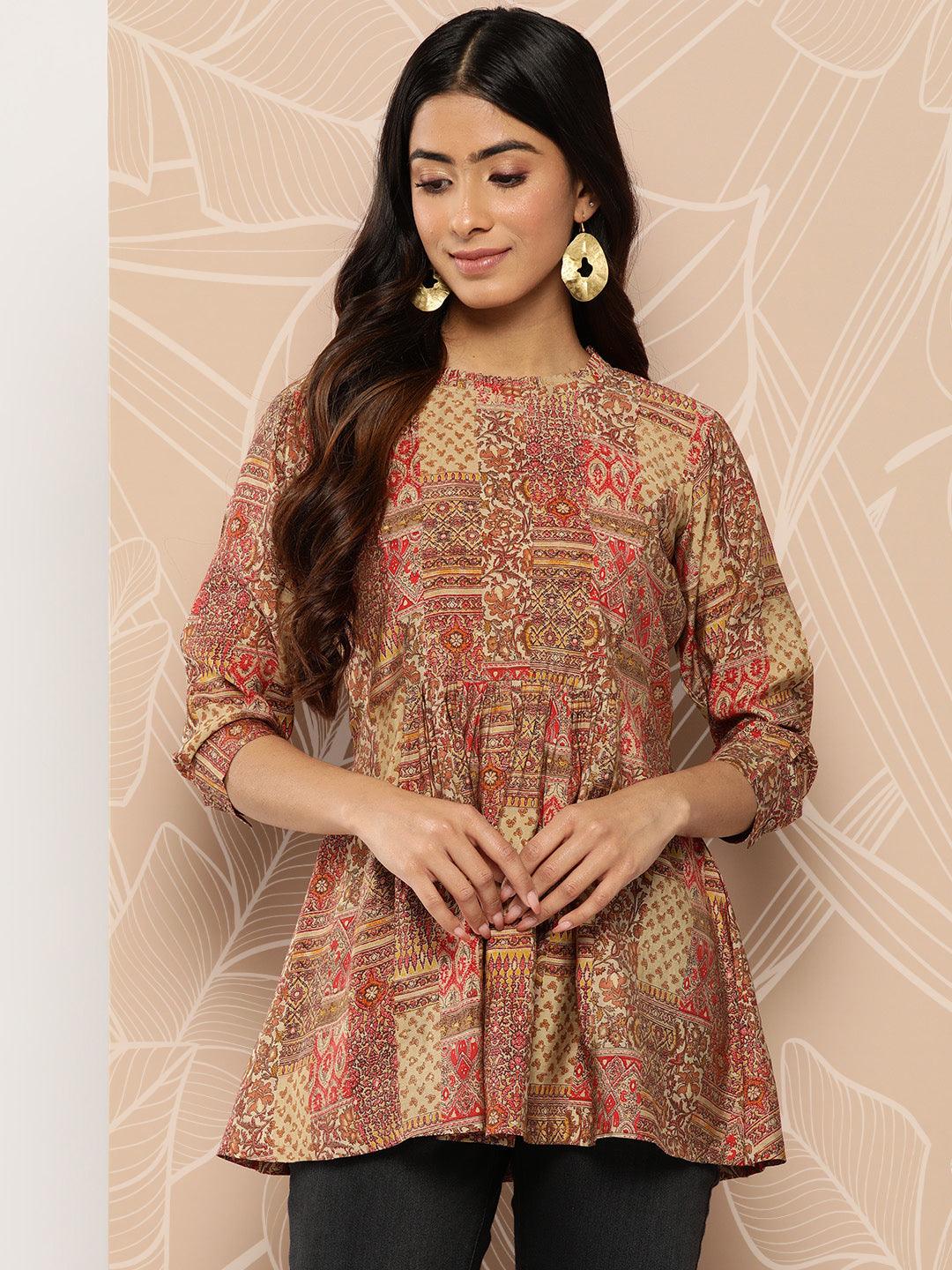 Multicoloured Printed Silk Blend A-Line Kurti - Jashvi