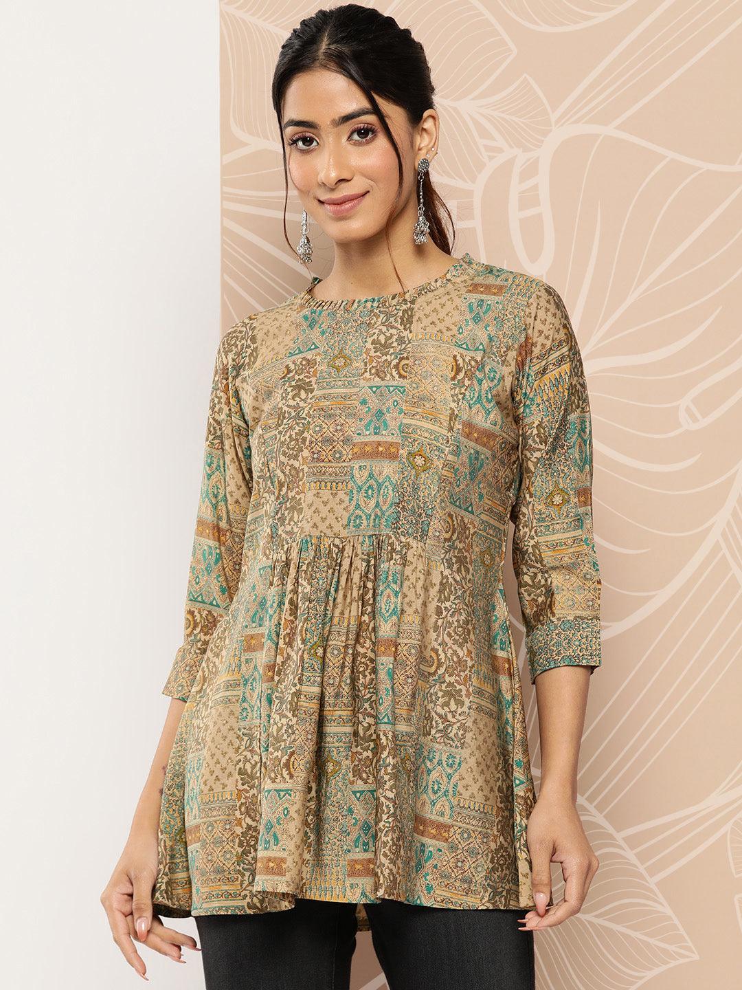 Multicoloured Printed Silk Blend A-Line Kurti - Jashvi