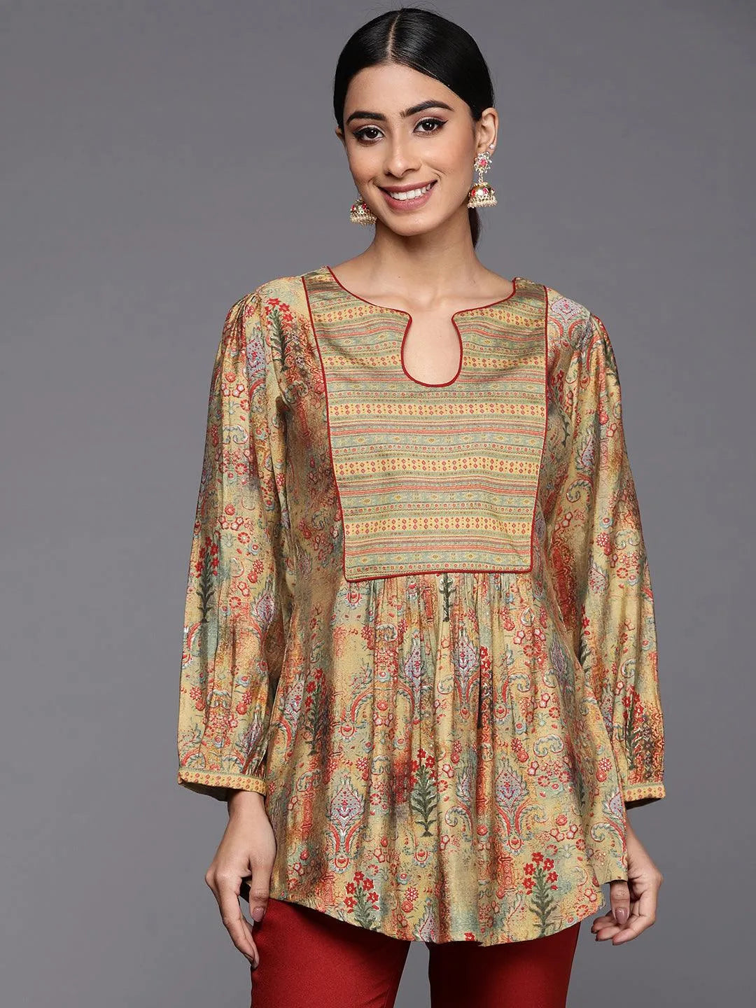 Multicoloured Printed Silk Blend A-Line Kurti - Jashvi