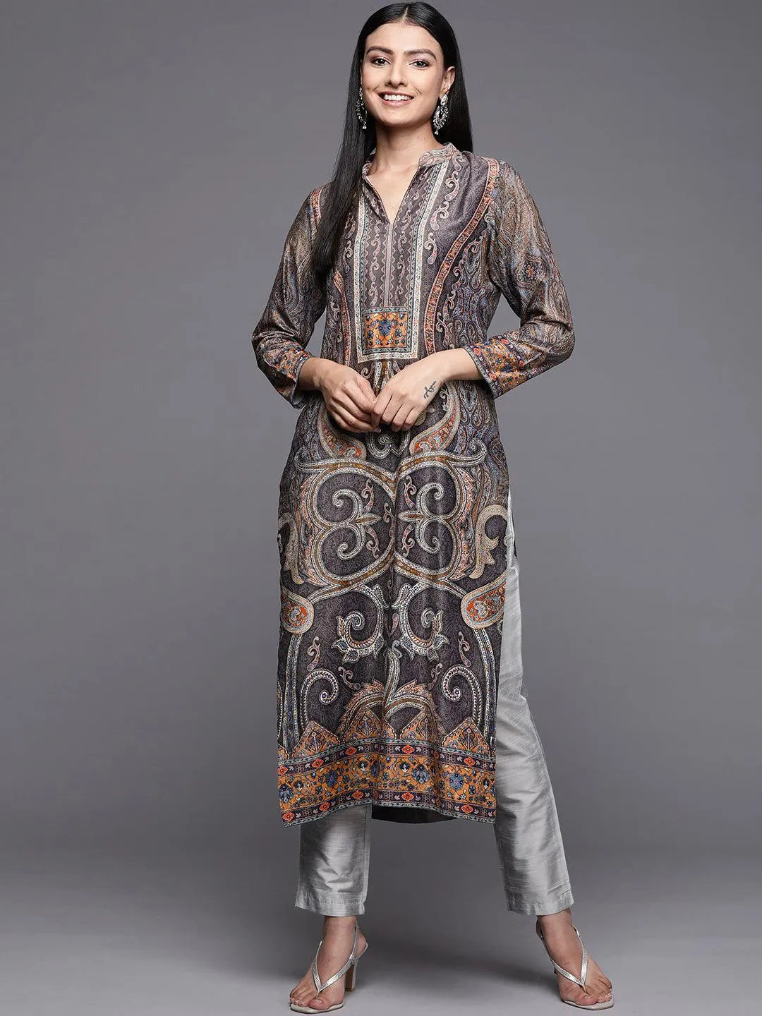 Multicoloured Printed Velvet Straight Kurta - Jashvi