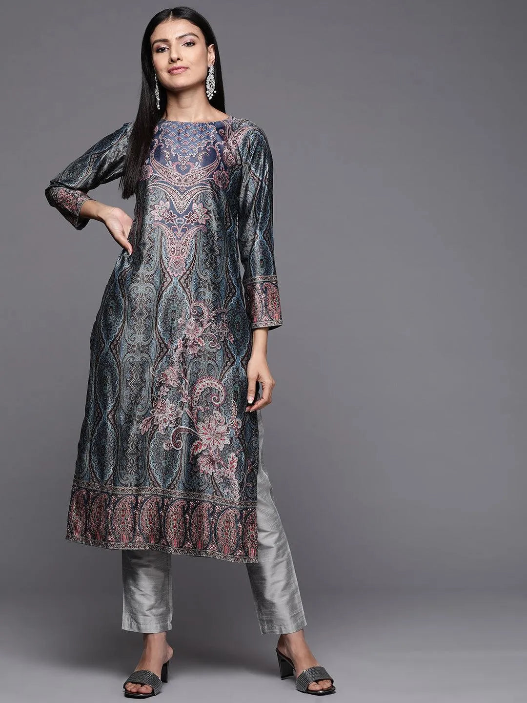 Multicoloured Printed Velvet Straight Kurta - Jashvi