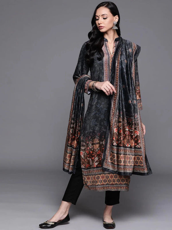 Multicoloured Printed Velvet Suit Set - Jashvi