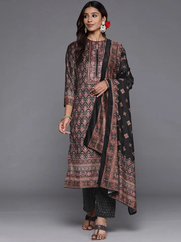 Multicoloured Printed Velvet Straight Suit Set With Trousers - Jashvi